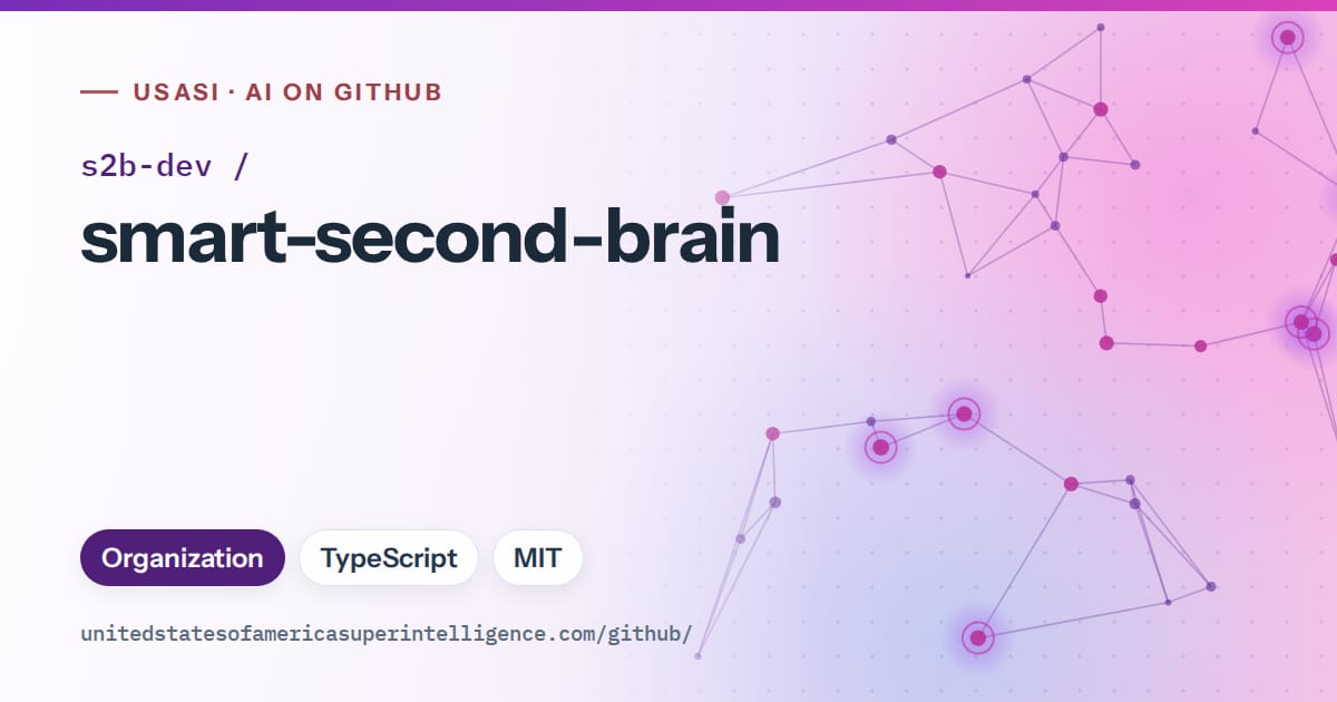 Generated violet constellation network artwork for s2b-dev/smart-second-brain, labeled USASI · AI on GitHub, with Organization · TypeScript · MIT.