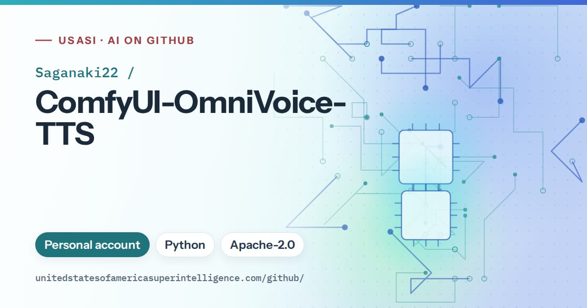 Generated teal circuit-trace artwork for Saganaki22/ComfyUI-OmniVoice-TTS, labeled USASI · AI on GitHub, with Personal account · Python · Apache-2.0.