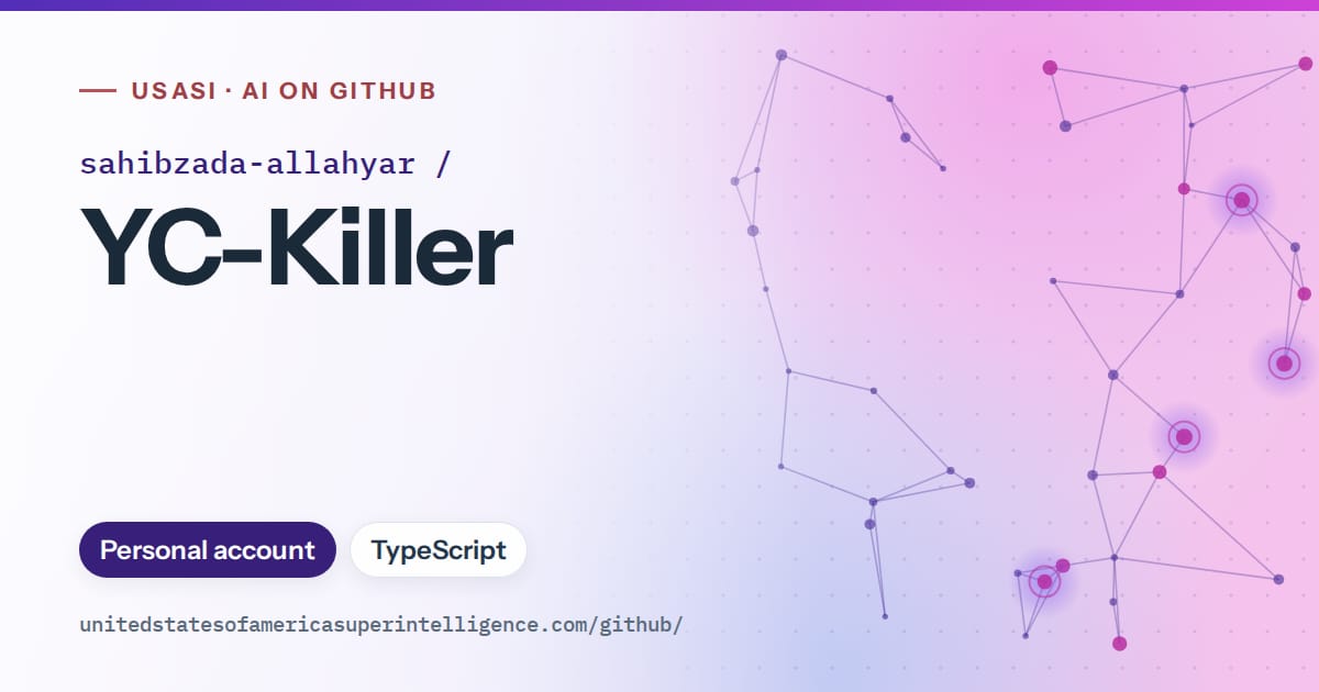 Generated violet constellation network artwork for sahibzada-allahyar/YC-Killer, labeled USASI · AI on GitHub, with Personal account · TypeScript.