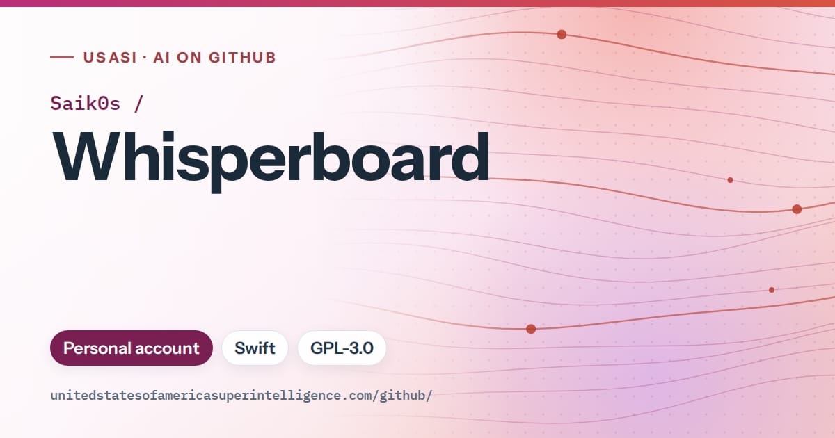 Generated pink flowing-wave artwork for Saik0s/Whisperboard, labeled USASI · AI on GitHub, with Personal account · Swift · GPL-3.0.