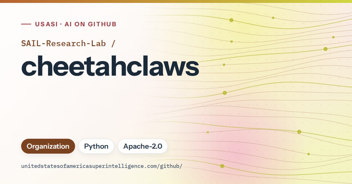 Generated orange flowing-wave artwork for SAIL-Research-Lab/cheetahclaws, labeled USASI · AI on GitHub, with Organization · Python · Apache-2.0.