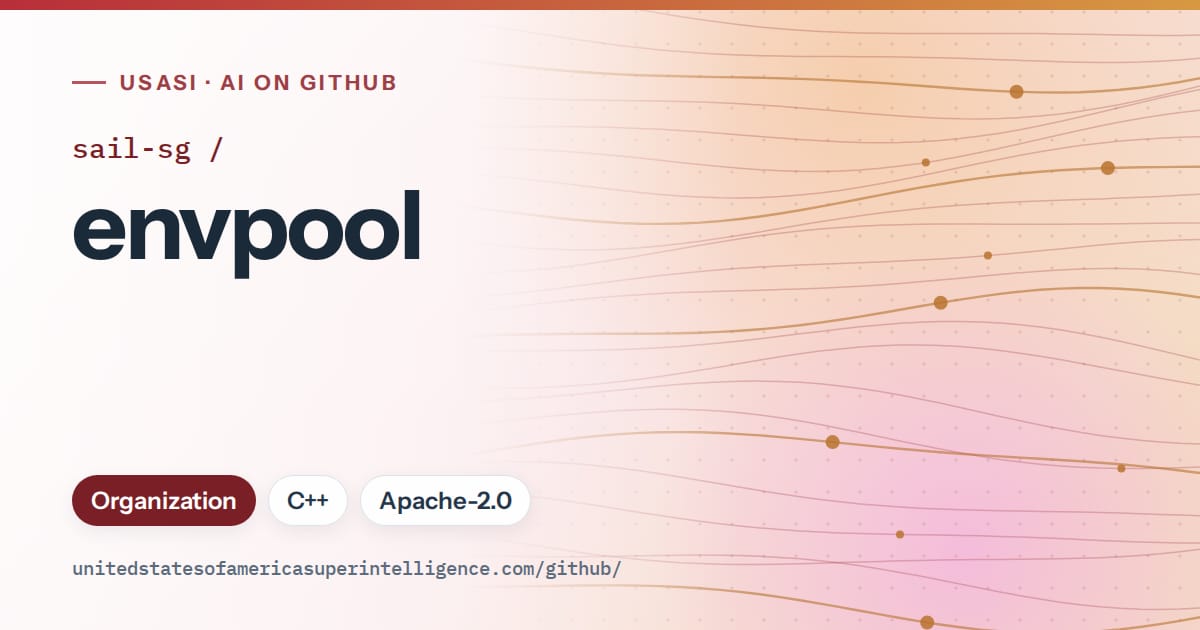 Generated red flowing-wave artwork for sail-sg/envpool, labeled USASI · AI on GitHub, with Organization · C++ · Apache-2.0.