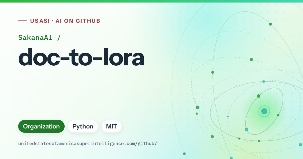 Generated green orbit artwork for SakanaAI/doc-to-lora, labeled USASI · AI on GitHub, with Organization · Python · MIT.