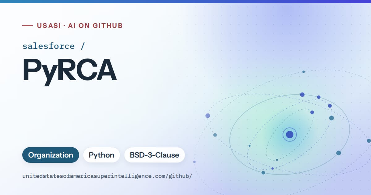 Generated sky blue orbit artwork for salesforce/PyRCA, labeled USASI · AI on GitHub, with Organization · Python · BSD-3-Clause.