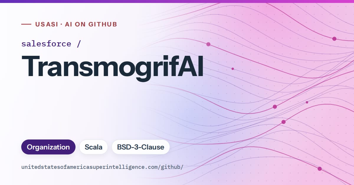 Generated violet flowing-wave artwork for salesforce/TransmogrifAI, labeled USASI · AI on GitHub, with Organization · Scala · BSD-3-Clause.