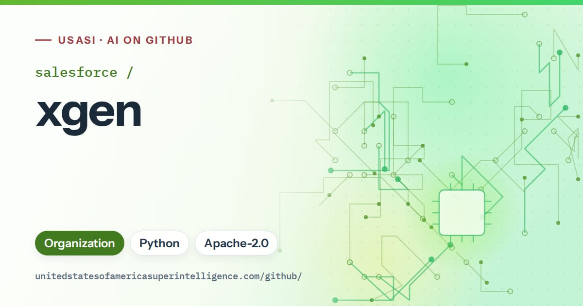 Generated green circuit-trace artwork for salesforce/xgen, labeled USASI · AI on GitHub, with Organization · Python · Apache-2.0.