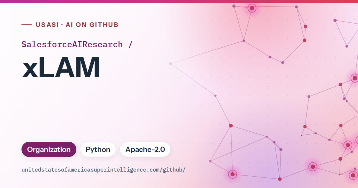 Generated purple constellation network artwork for SalesforceAIResearch/xLAM, labeled USASI · AI on GitHub, with Organization · Python · Apache-2.0.