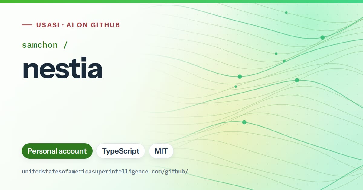 Generated green flowing-wave artwork for samchon/nestia, labeled USASI · AI on GitHub, with Personal account · TypeScript · MIT.