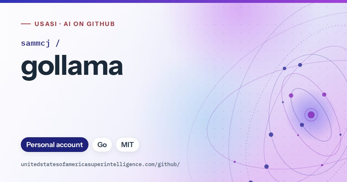 Generated blue orbit artwork for sammcj/gollama, labeled USASI · AI on GitHub, with Personal account · Go · MIT.