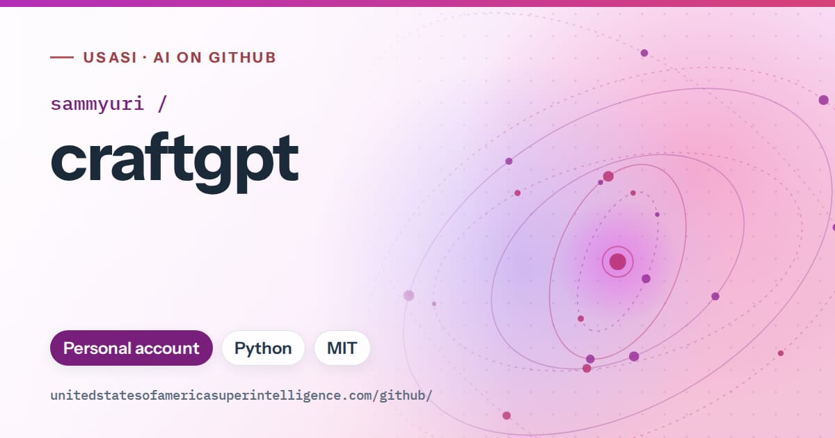 Generated purple orbit artwork for sammyuri/craftgpt, labeled USASI · AI on GitHub, with Personal account · Python · MIT.