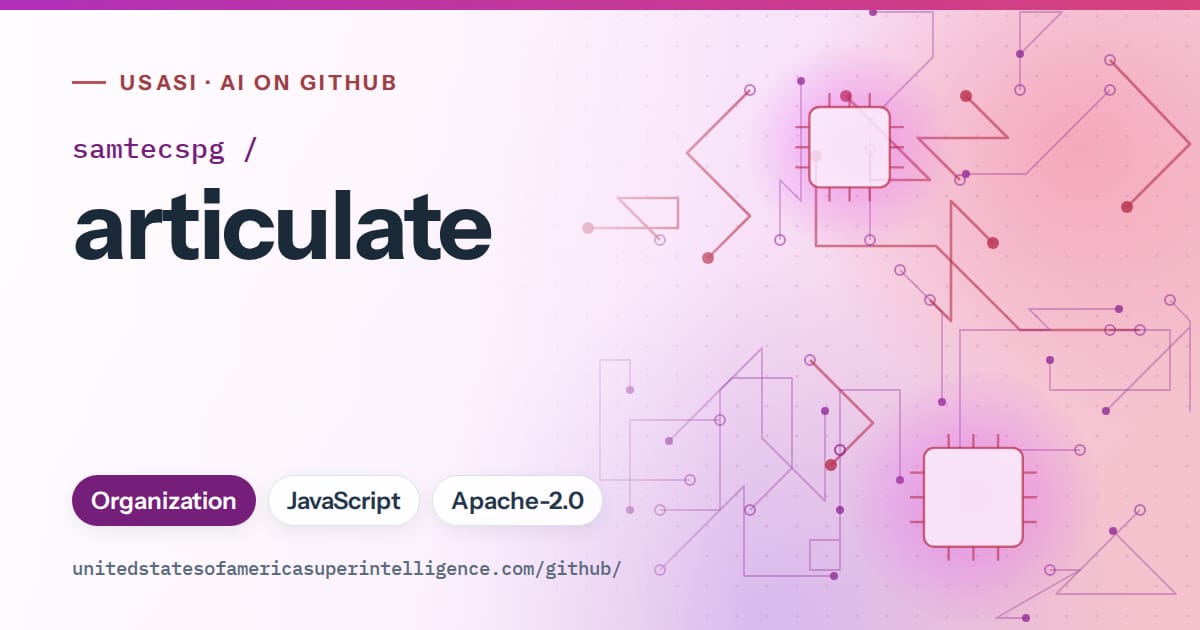 Generated purple circuit-trace artwork for samtecspg/articulate, labeled USASI · AI on GitHub, with Organization · JavaScript · Apache-2.0.