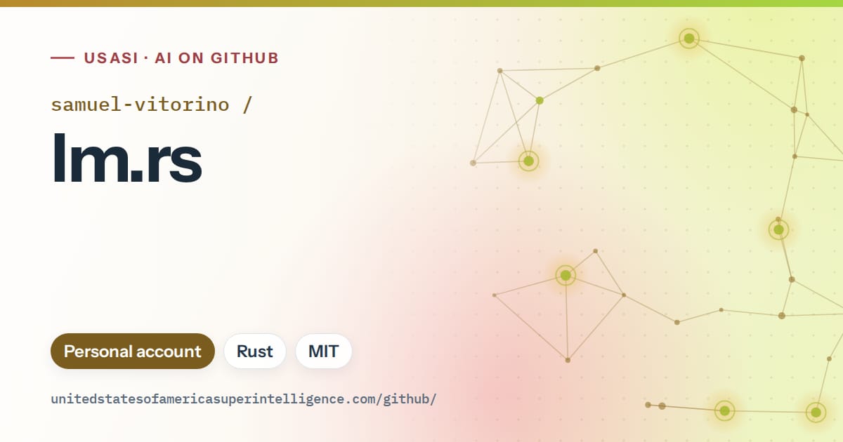 Generated orange constellation network artwork for samuel-vitorino/lm.rs, labeled USASI · AI on GitHub, with Personal account · Rust · MIT.
