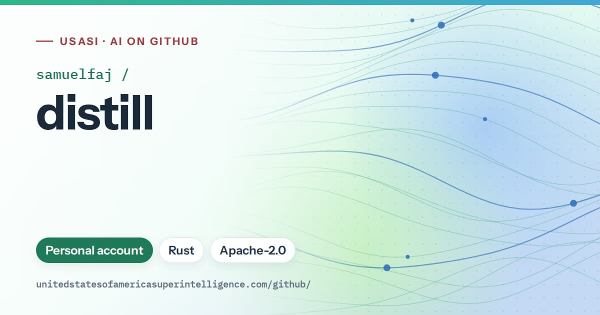 Generated teal flowing-wave artwork for samuelfaj/distill, labeled USASI · AI on GitHub, with Personal account · Rust · Apache-2.0.