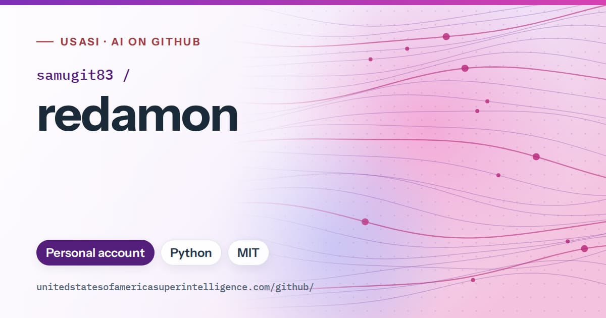 Generated violet flowing-wave artwork for samugit83/redamon, labeled USASI · AI on GitHub, with Personal account · Python · MIT.
