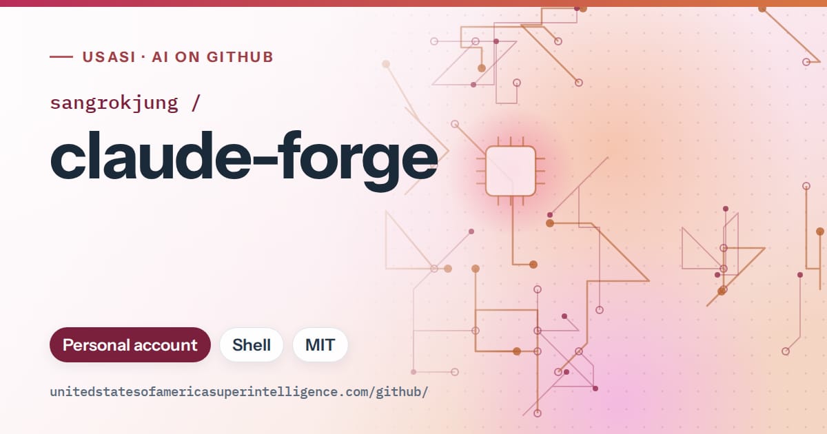 Generated pink circuit-trace artwork for sangrokjung/claude-forge, labeled USASI · AI on GitHub, with Personal account · Shell · MIT.