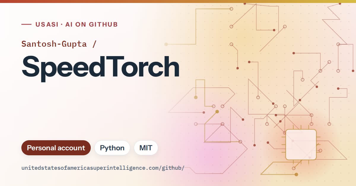 Generated red circuit-trace artwork for Santosh-Gupta/SpeedTorch, labeled USASI · AI on GitHub, with Personal account · Python · MIT.