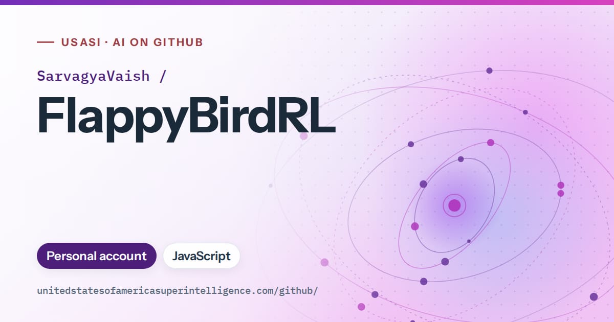 Generated violet orbit artwork for SarvagyaVaish/FlappyBirdRL, labeled USASI · AI on GitHub, with Personal account · JavaScript.