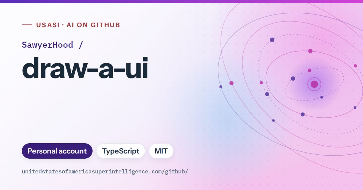 Generated violet orbit artwork for SawyerHood/draw-a-ui, labeled USASI · AI on GitHub, with Personal account · TypeScript · MIT.