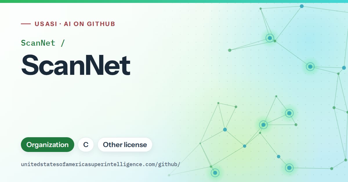 Generated green constellation network artwork for ScanNet/ScanNet, labeled USASI · AI on GitHub, with Organization · C · Other license.