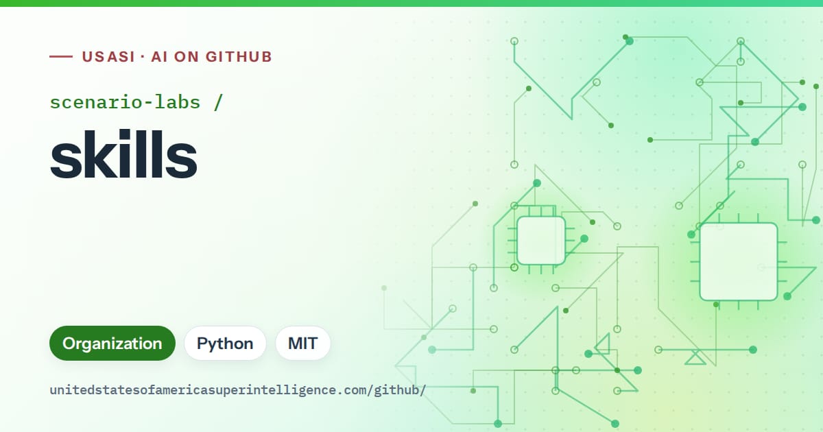 Generated green circuit-trace artwork for scenario-labs/skills, labeled USASI · AI on GitHub, with Organization · Python · MIT.