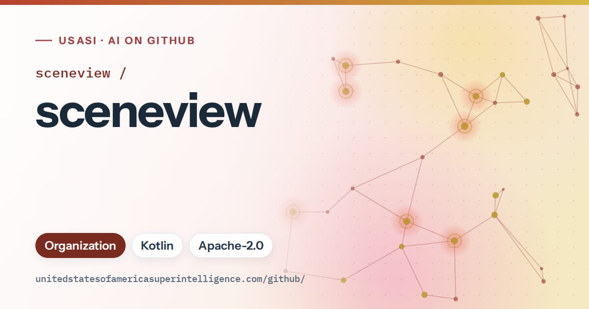 Generated red constellation network artwork for sceneview/sceneview, labeled USASI · AI on GitHub, with Organization · Kotlin · Apache-2.0.