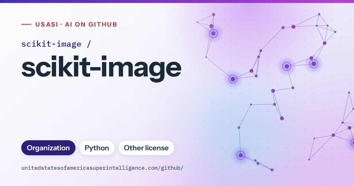 Generated blue constellation network artwork for scikit-image/scikit-image, labeled USASI · AI on GitHub, with Organization · Python · Other license.