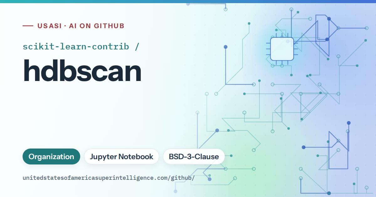 Generated teal circuit-trace artwork for scikit-learn-contrib/hdbscan, labeled USASI · AI on GitHub, with Organization · Jupyter Notebook · BSD-3-Clause.