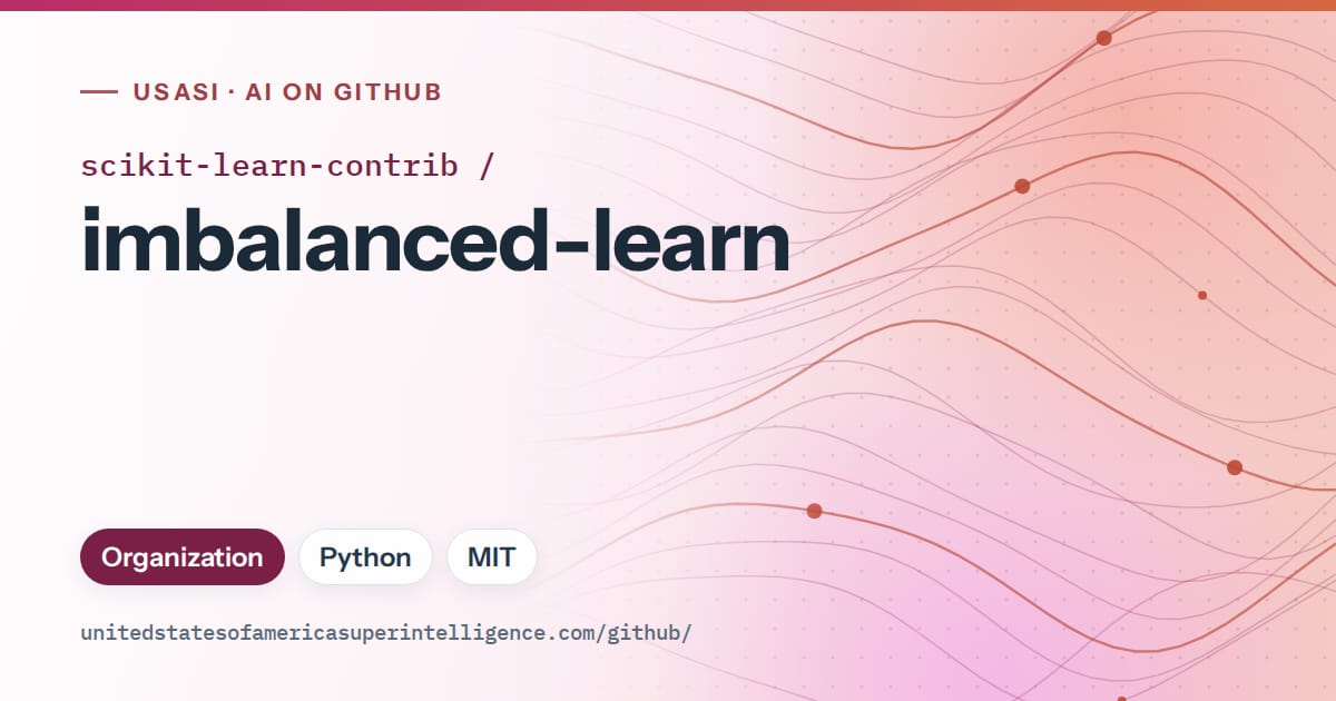 Generated pink flowing-wave artwork for scikit-learn-contrib/imbalanced-learn, labeled USASI · AI on GitHub, with Organization · Python · MIT.
