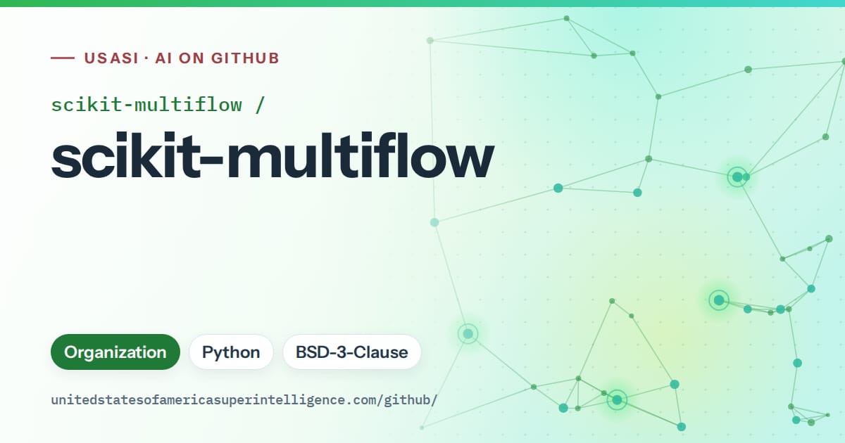 Generated green constellation network artwork for scikit-multiflow/scikit-multiflow, labeled USASI · AI on GitHub, with Organization · Python · BSD-3-Clause.