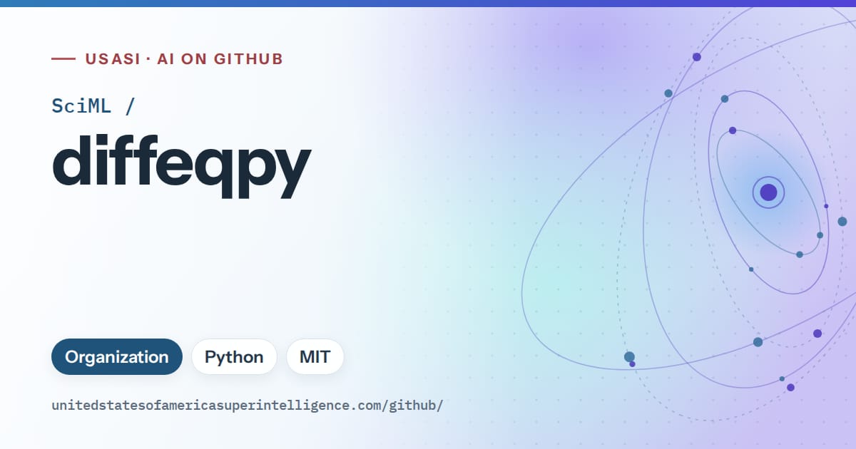 Generated sky blue orbit artwork for SciML/diffeqpy, labeled USASI · AI on GitHub, with Organization · Python · MIT.