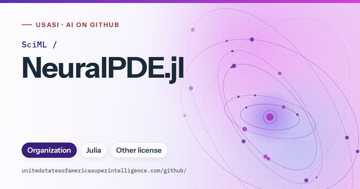 Generated violet orbit artwork for SciML/NeuralPDE.jl, labeled USASI · AI on GitHub, with Organization · Julia · Other license.