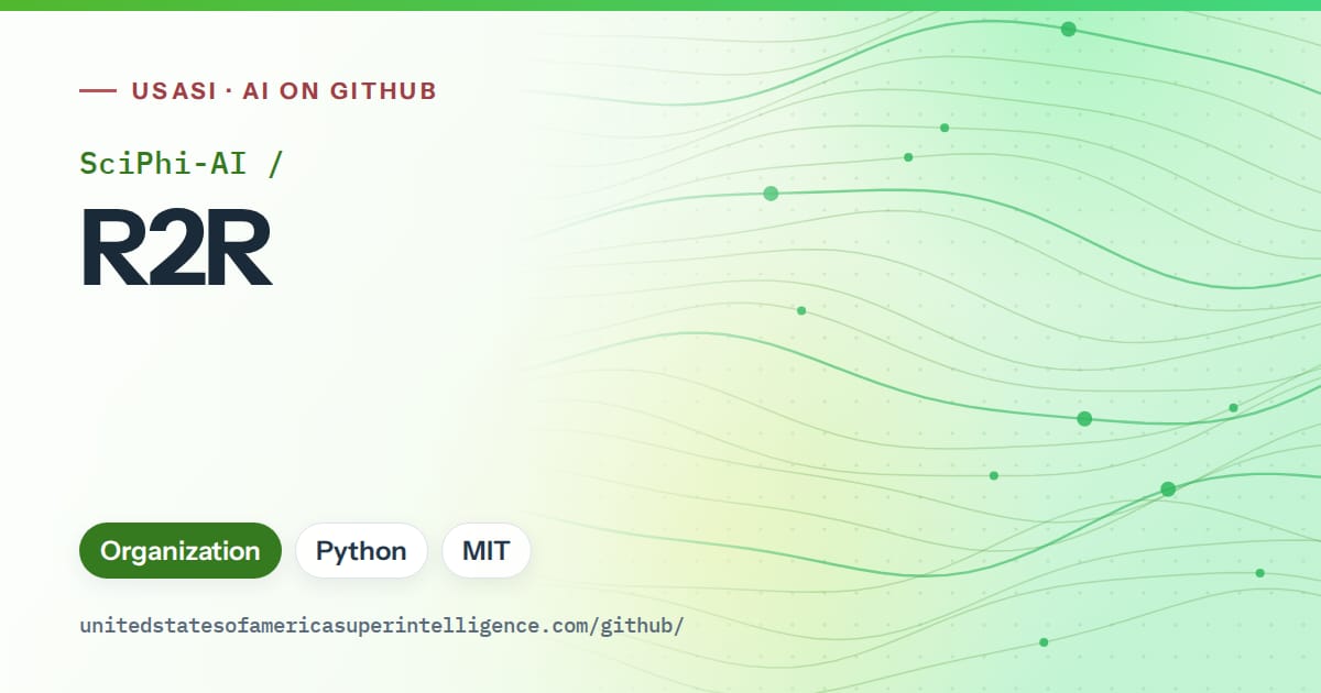 Generated green flowing-wave artwork for SciPhi-AI/R2R, labeled USASI · AI on GitHub, with Organization · Python · MIT.