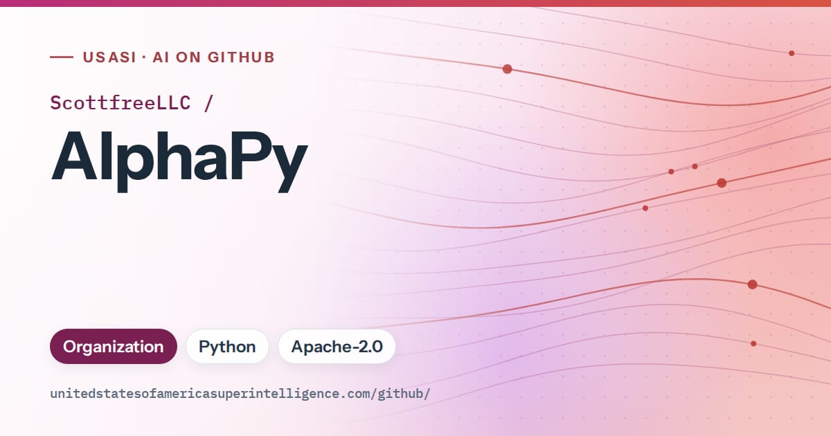 Generated pink flowing-wave artwork for ScottfreeLLC/AlphaPy, labeled USASI · AI on GitHub, with Organization · Python · Apache-2.0.