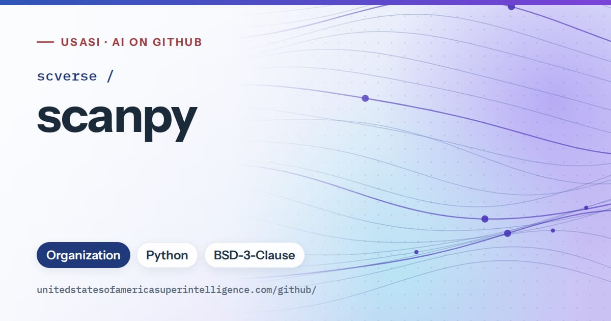 Generated blue flowing-wave artwork for scverse/scanpy, labeled USASI · AI on GitHub, with Organization · Python · BSD-3-Clause.