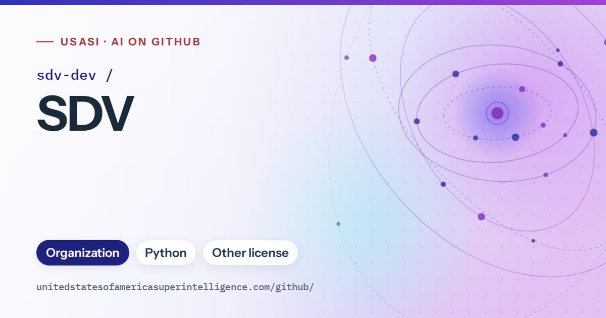 Generated blue orbit artwork for sdv-dev/SDV, labeled USASI · AI on GitHub, with Organization · Python · Other license.