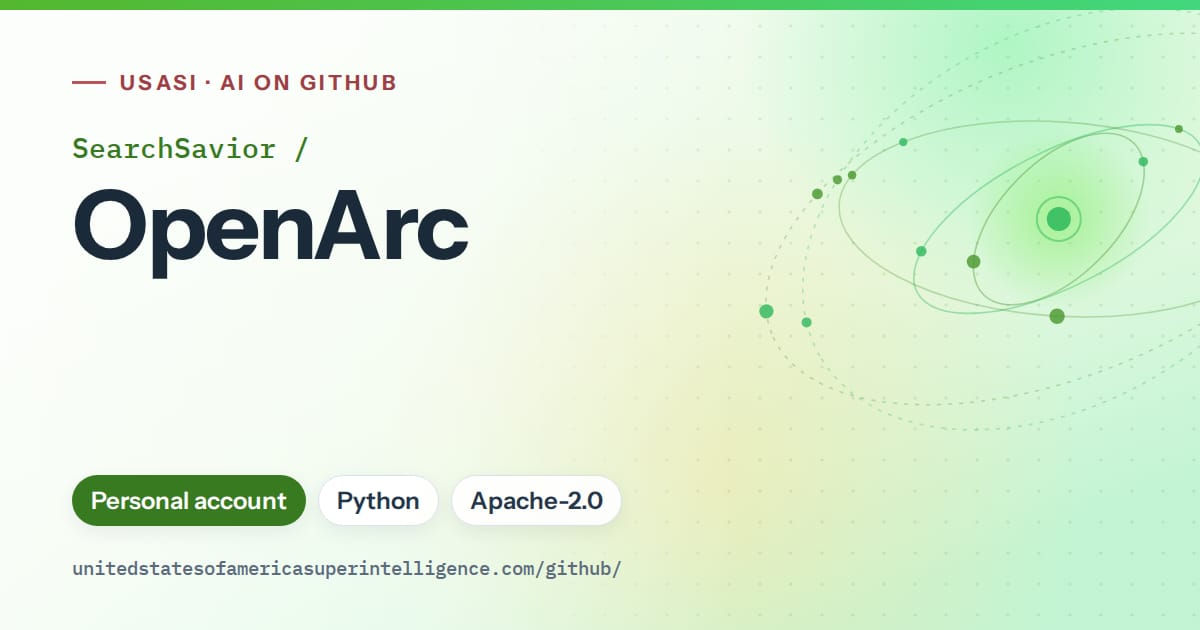 Generated green orbit artwork for SearchSavior/OpenArc, labeled USASI · AI on GitHub, with Personal account · Python · Apache-2.0.