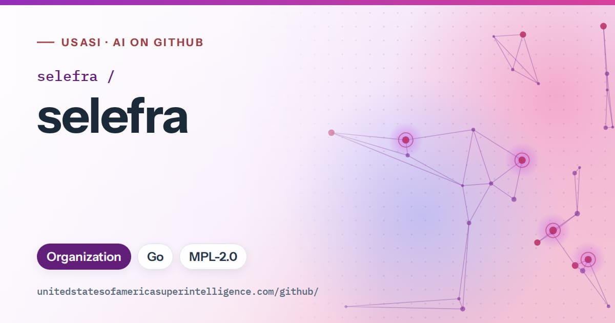 Generated violet constellation network artwork for selefra/selefra, labeled USASI · AI on GitHub, with Organization · Go · MPL-2.0.