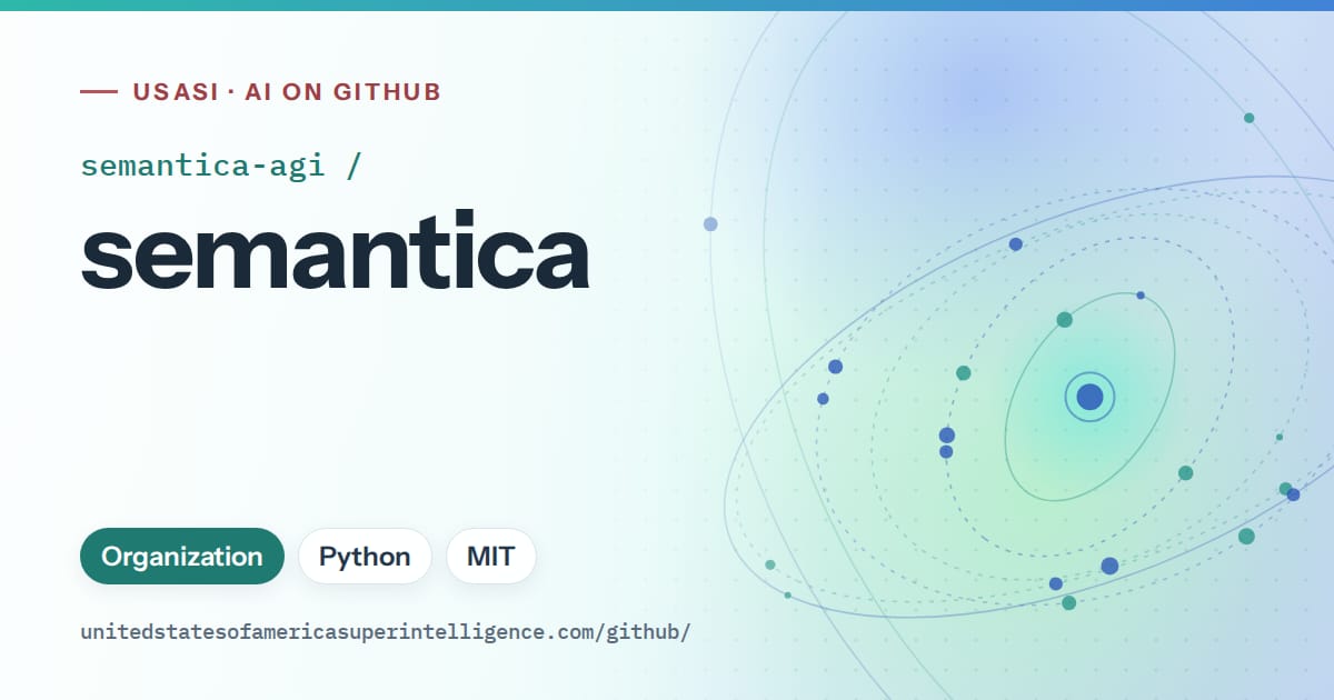 Generated teal orbit artwork for semantica-agi/semantica, labeled USASI · AI on GitHub, with Organization · Python · MIT.