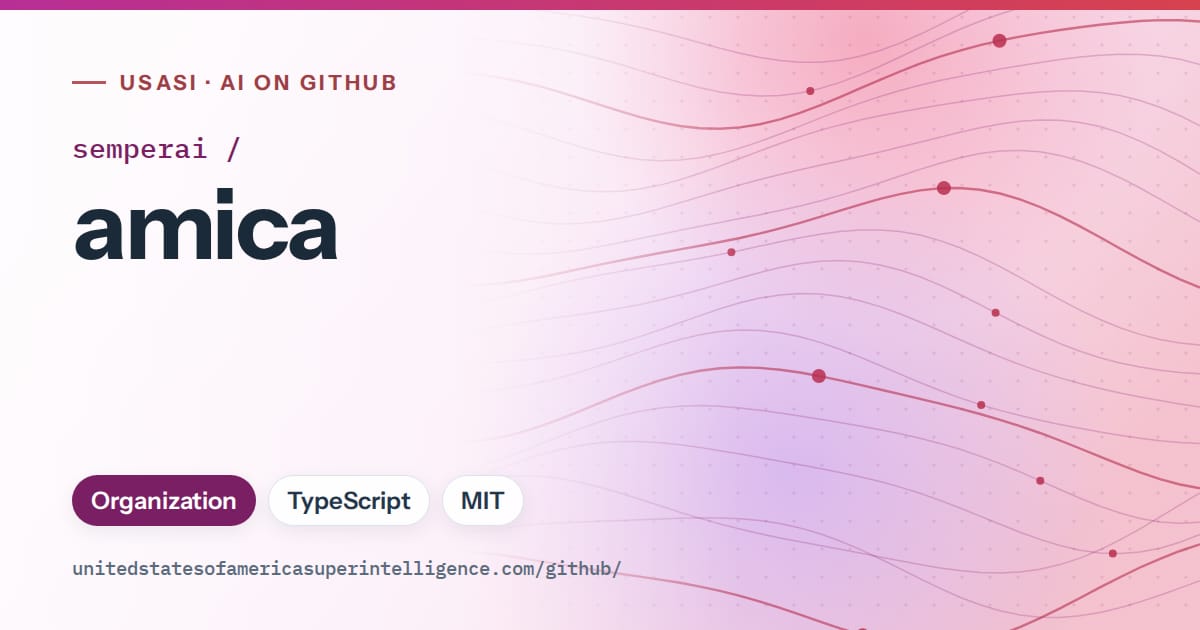 Generated purple flowing-wave artwork for semperai/amica, labeled USASI · AI on GitHub, with Organization · TypeScript · MIT.