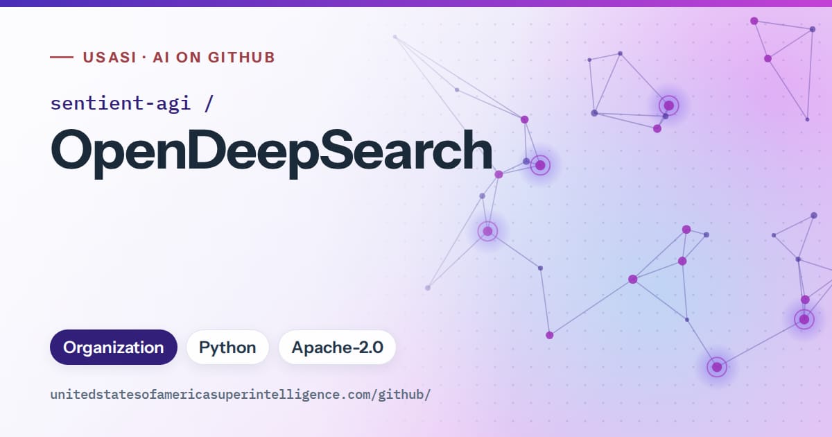 Generated violet constellation network artwork for sentient-agi/OpenDeepSearch, labeled USASI · AI on GitHub, with Organization · Python · Apache-2.0.