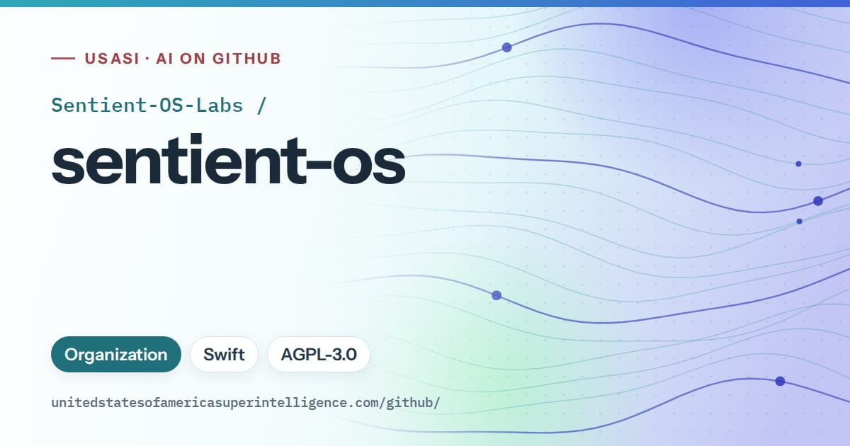 Generated teal flowing-wave artwork for Sentient-OS-Labs/sentient-os, labeled USASI · AI on GitHub, with Organization · Swift · AGPL-3.0.