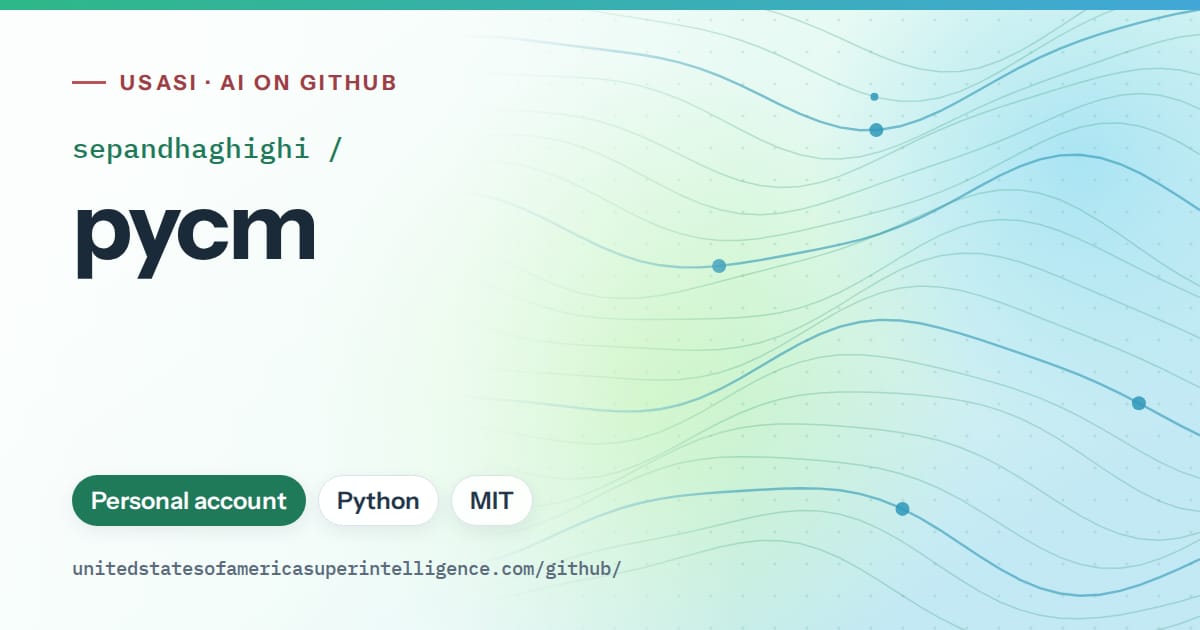 Generated teal flowing-wave artwork for sepandhaghighi/pycm, labeled USASI · AI on GitHub, with Personal account · Python · MIT.