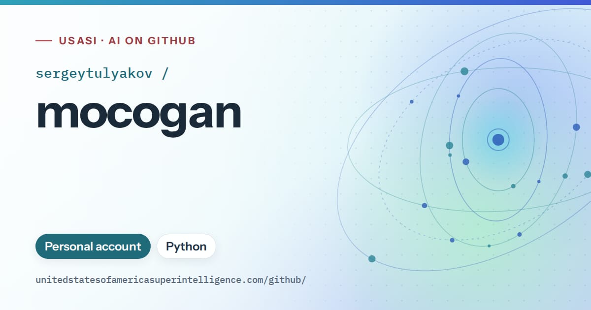 Generated sky blue orbit artwork for sergeytulyakov/mocogan, labeled USASI · AI on GitHub, with Personal account · Python.
