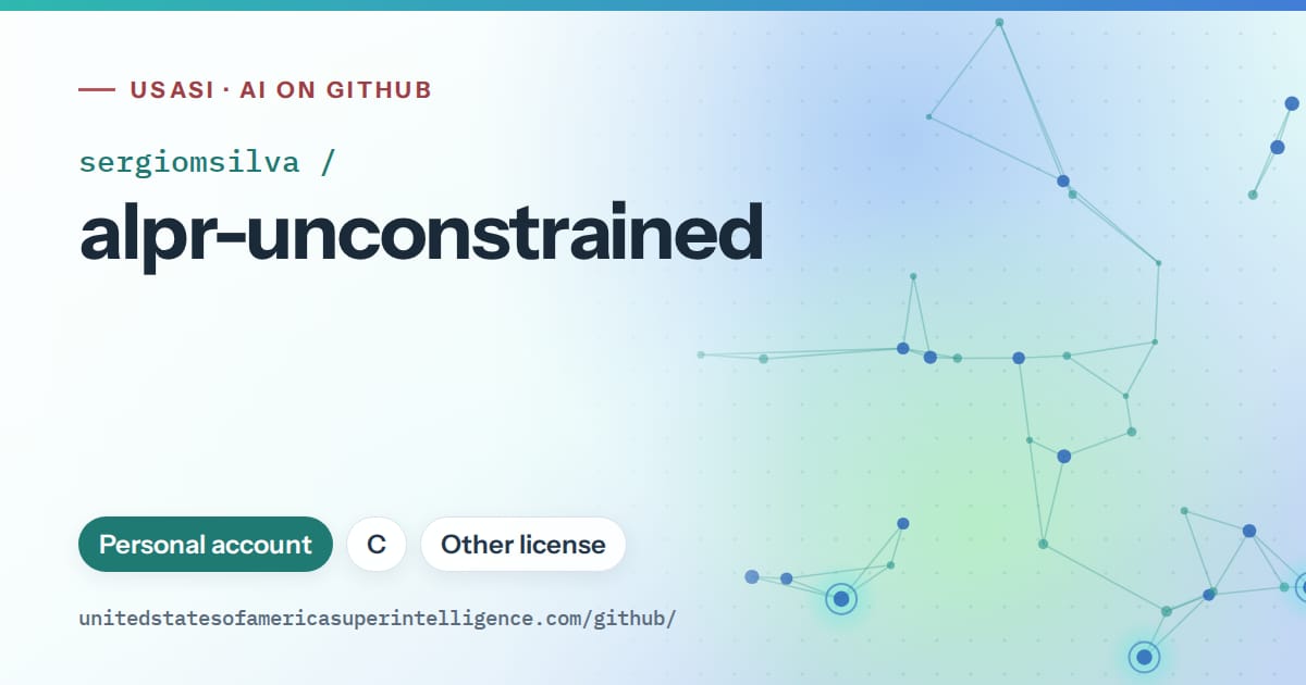 Generated teal constellation network artwork for sergiomsilva/alpr-unconstrained, labeled USASI · AI on GitHub, with Personal account · C · Other license.