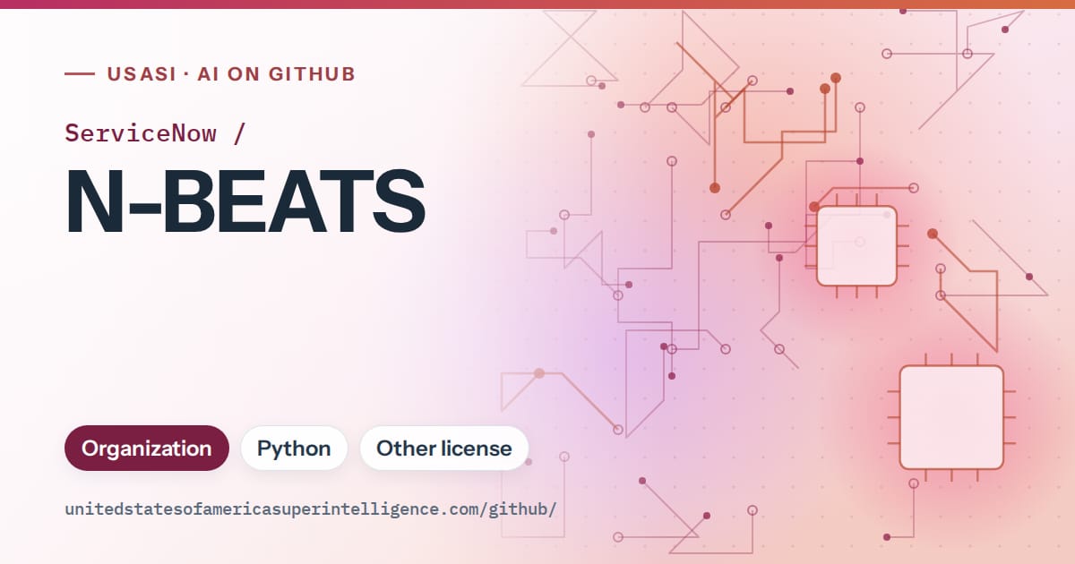 Generated pink circuit-trace artwork for ServiceNow/N-BEATS, labeled USASI · AI on GitHub, with Organization · Python · Other license.