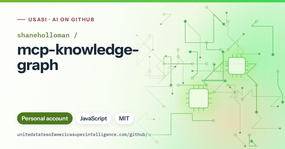 Generated green circuit-trace artwork for shaneholloman/mcp-knowledge-graph, labeled USASI · AI on GitHub, with Personal account · JavaScript · MIT.