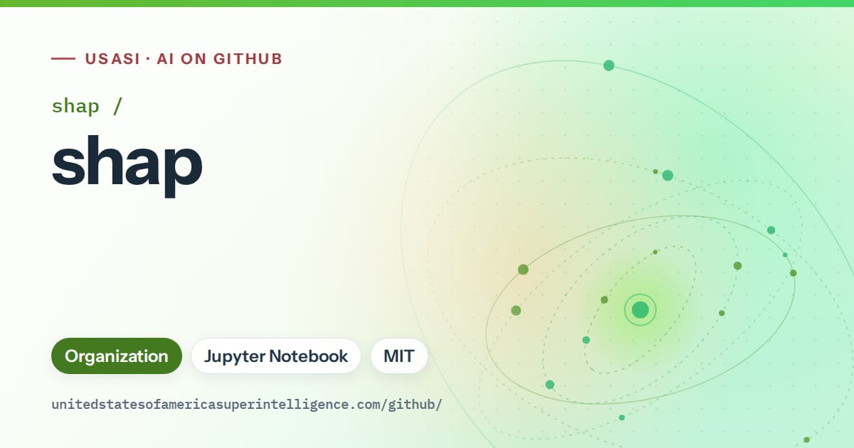 Generated green orbit artwork for shap/shap, labeled USASI · AI on GitHub, with Organization · Jupyter Notebook · MIT.