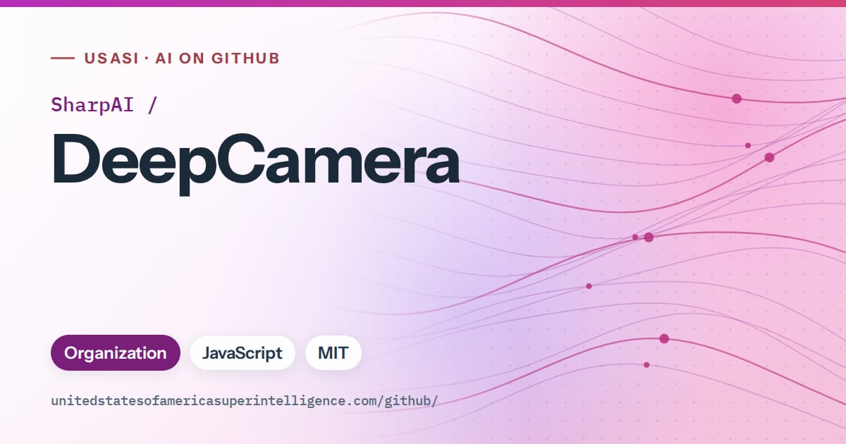 Generated purple flowing-wave artwork for SharpAI/DeepCamera, labeled USASI · AI on GitHub, with Organization · JavaScript · MIT.