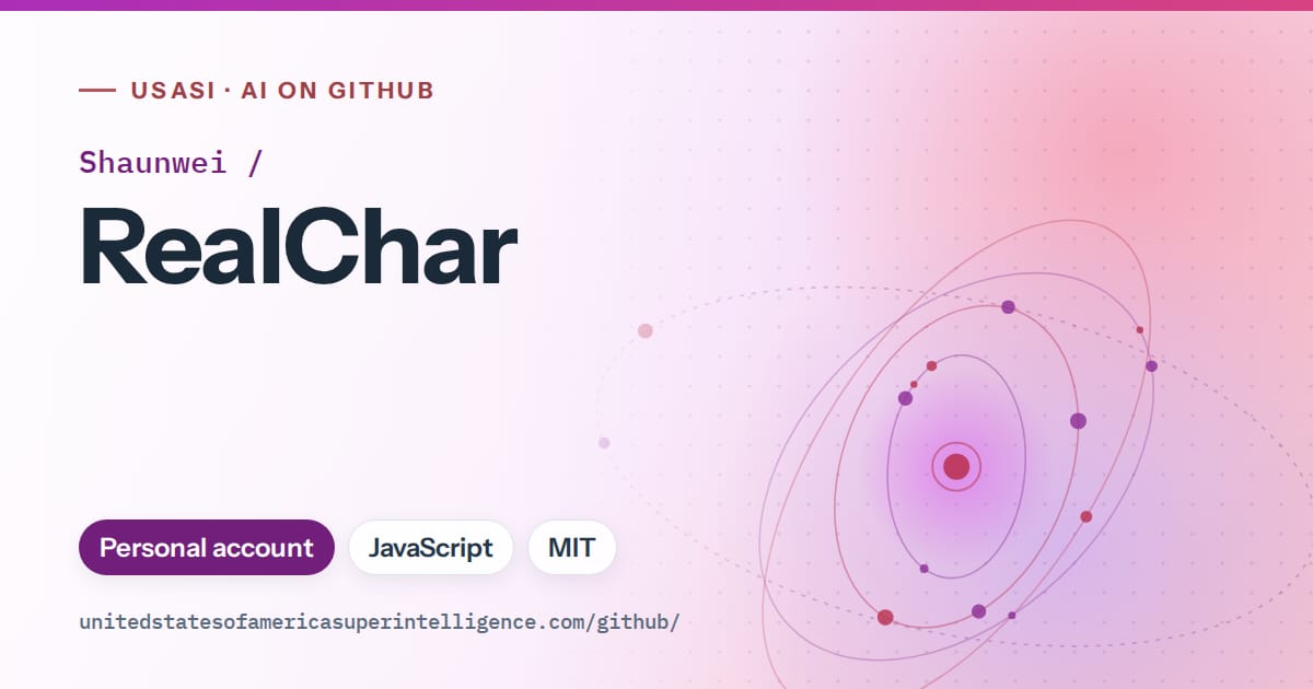 Generated purple orbit artwork for Shaunwei/RealChar, labeled USASI · AI on GitHub, with Personal account · JavaScript · MIT.