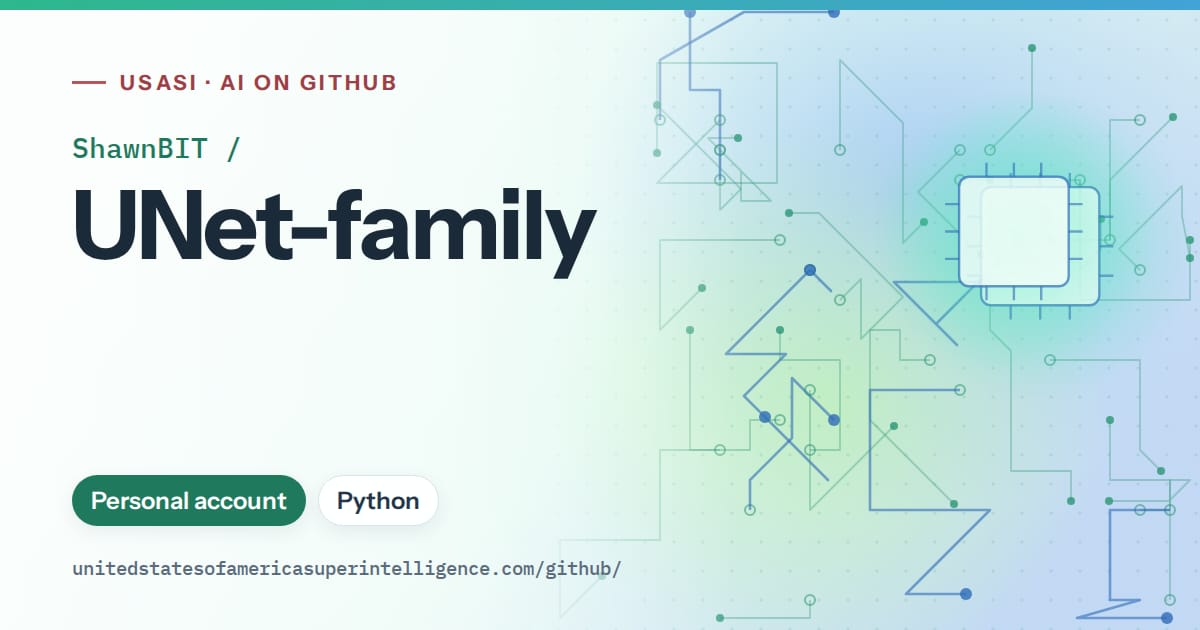 Generated teal circuit-trace artwork for ShawnBIT/UNet-family, labeled USASI · AI on GitHub, with Personal account · Python.